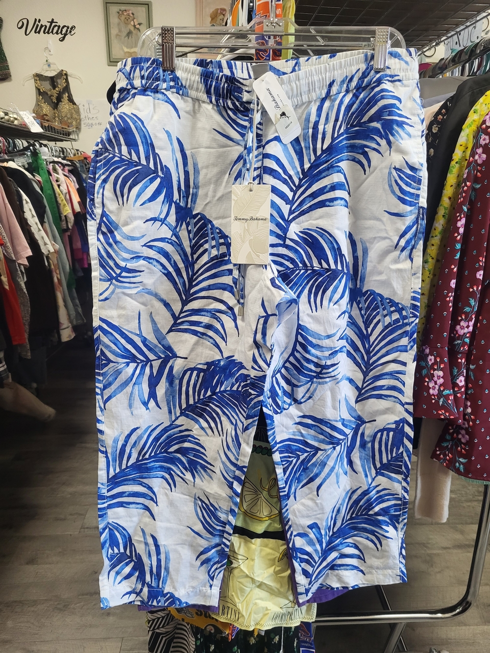 Tommy Bahama White Linen-Blend Kids Bottoms with Blue Palm Print
